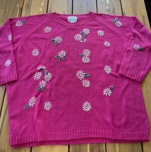 Quacker Factory Vintage Womens Hot Pink Crew Neck Embroidered Floral‎ Sweater 1X